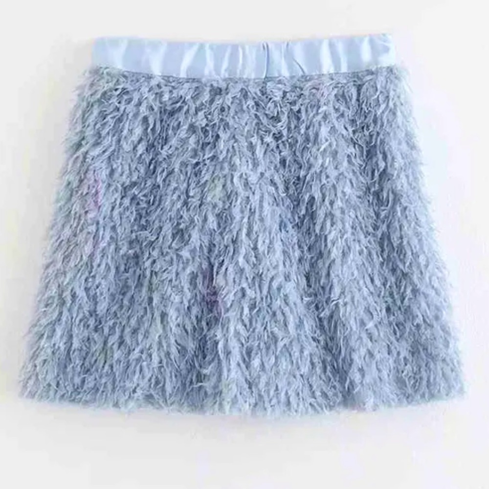 ZARA‎ feather mini fuzzy skirt chic blue high waisted size S